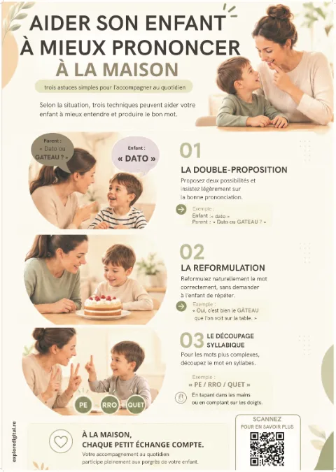 Affiche « Aider son enfant à mieux prononcer à la maison » avec trois astuces illustrées