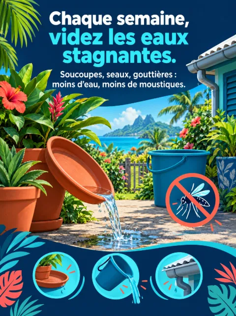 Affiche de prévention : « Chaque semaine, videz les eaux stagnantes. »