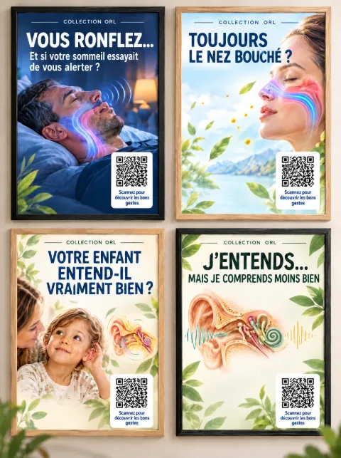 Série de quatre affiches ORL encadrées : ronflement, nez bouché, audition de l’enfant, compréhension