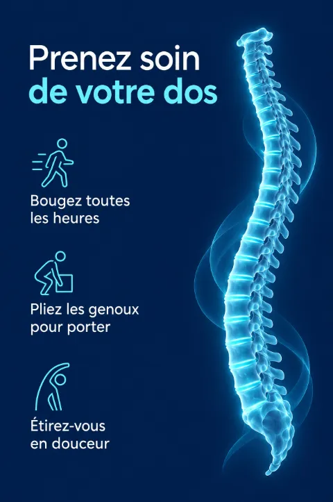 Flyer « Prenez soin de votre dos » avec trois conseils illustrés et une colonne vertébrale