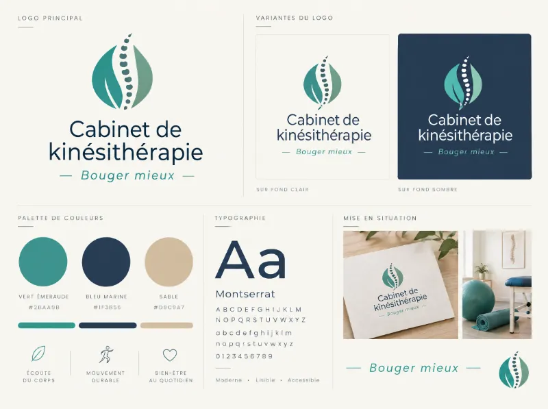 Planche d’identité visuelle d’un cabinet de kinésithérapie : logo, couleurs et typographie