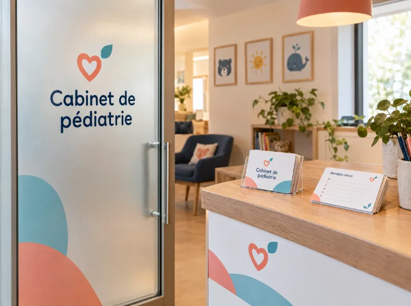 Porte vitrée et accueil d’un cabinet de pédiatrie avec logo cœur et cartes assorties
