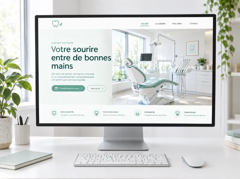 Site internet d’un cabinet dentaire affiché sur un grand écran : « Votre sourire entre de bonnes mains »