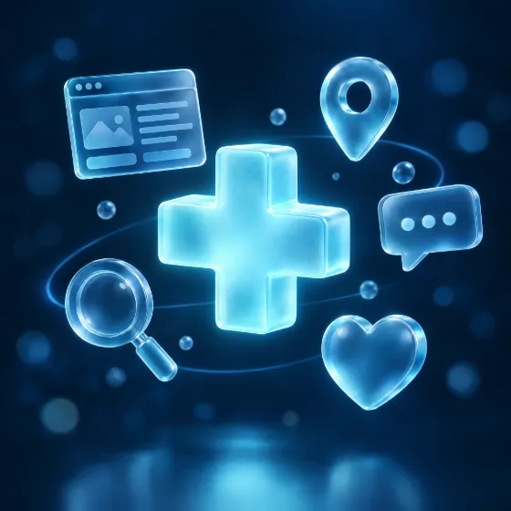 Croix médicale lumineuse entourée d’icônes : site web, recherche, localisation, message et cœur